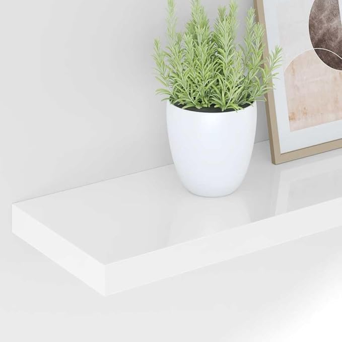 Floating Wall Shelf, Modern High Gloss White MDF Display Ledge, 35.4-inch Rectangular Storage Shelving for Living Room, Bedroom, and Office Decor