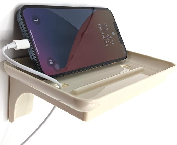 Wonder Shelf - Small Plastic Self Adhesive Bathroom Wall Mount Shelf - Fits Over Toilet Paper Holder - Designed for Smartphone and Flushable Baby Wipes (1, Cream with Holes)