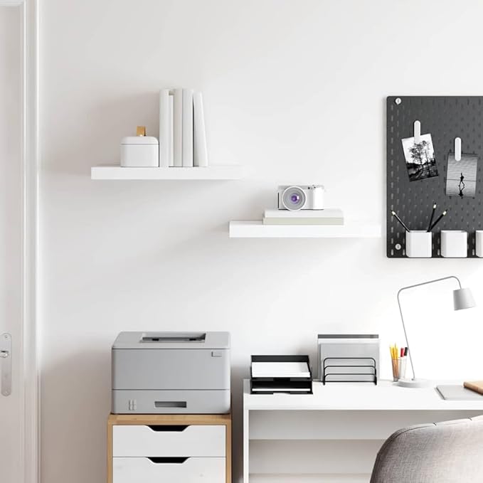 Floating Wall Shelves Set of 2, Modern High Gloss White Invisible Mounting Display Shelves for Living Room Bedroom, 19.7x9.1 Inches, Durable MDF and Metal, Holds 15.4 lbs Each