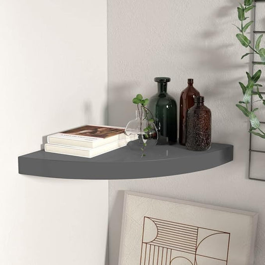 Floating Corner Shelf Wall Mounted 13.8"x13.8"x1.5" High Gloss Gray Honeycomb MDF with Invisible Mounting System for Bathroom, Living Room, Bedroom Decor & Storage