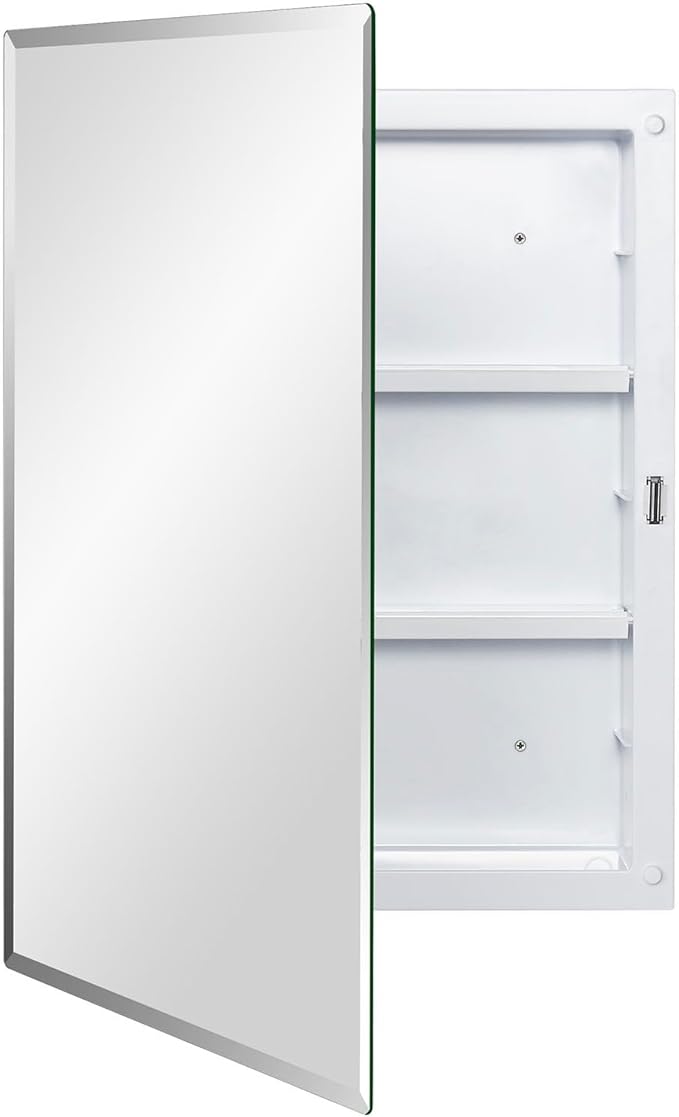 IDYLLOR Plastic Bathroom Medicine Mirror Cabinet 16 x 22 inch, Surface and Recessed Mount, Beveled Edge Mirror