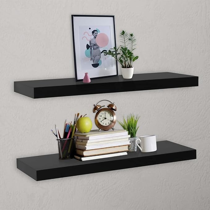 Floating Wall Shelves Set of 2, 39.4 Inch Modern Black MDF Shelving Unit for Bedroom, Living Room, and Home Office Display Storage