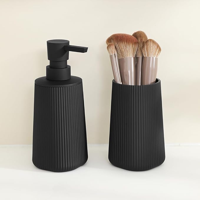 YAUKPH Bathroom Accessories Set 2 Piece Soap Dispenser and Toothbrush Holder for Bathroom Countertop Striped Black