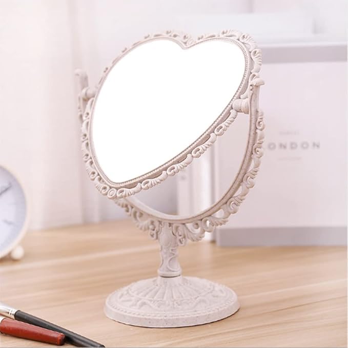AKOAK Heart-Shaped Cosmetic Mirror - Plastic, Double-Sided, Rotatable, Lightweight - Bathroom & Bedroom Mirror (Beige)