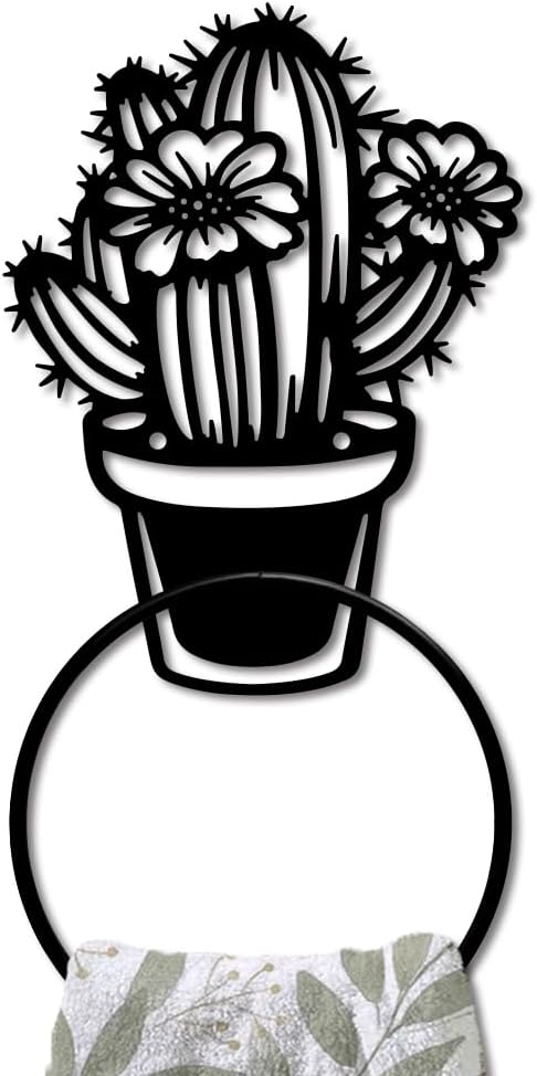 MAYJOYDIY Cactus Metal Towel Ring Cactus Potted Plant Hand Towel Holder Succulent Flowers Towel Ring Black Plant Towel Rack Wall Mounted for Bathroom Kitchen Towel Hanger Home Decors Gift