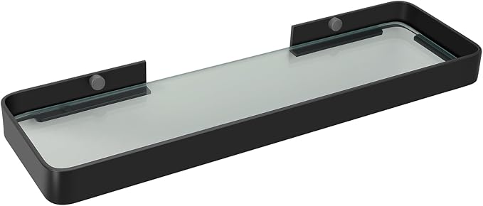 Z metnal Small Glass Bathroom Shelves, Matte Black Floating Shelf, Mini Wall Shelf for Bathroom Organizer, Wall Mounted (Clear Glass, 20 inch/50cm),1 pcs
