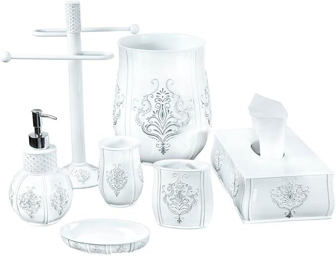 Creative Scents Vintage White Bathroom Accessories Set - 4 Piece Bathroom Set - Farmhouse French Country Bathroom Accessory Set Features: Soap Dispenser, Toothbrush Holder, Tumbler & Soap Dish