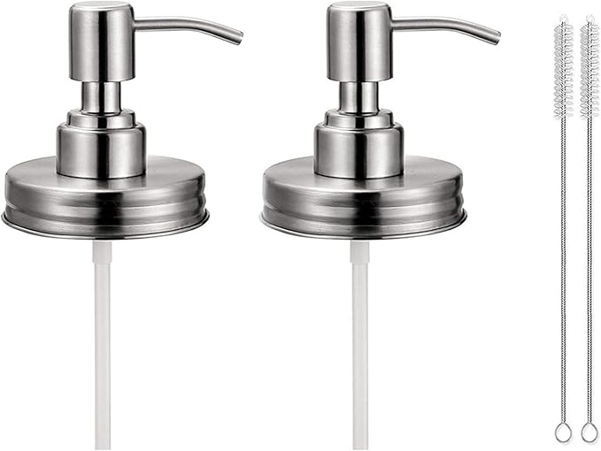 2 Pack Mason Jar Soap Dispenser Lids with Pumps, Rustproof Stainless Steel Lotion Dispenser Lids Replacement for 16 oz Regular Mouth Mason Jar Decor, 2 Brushes Included Silver