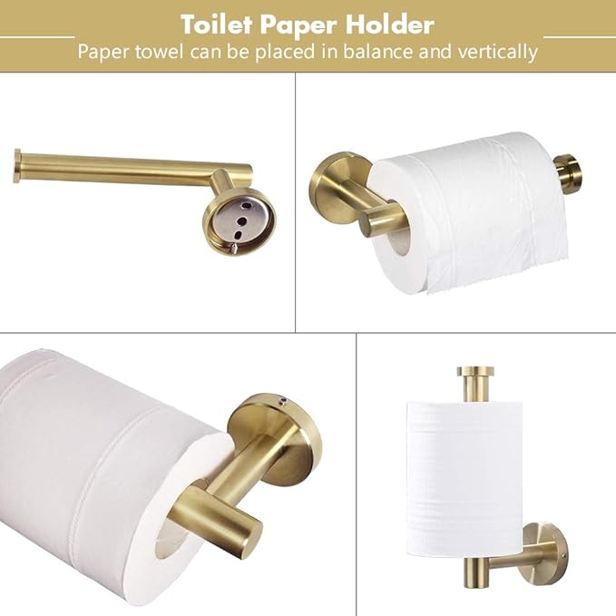 TocTen 5 PCS Bathroom Hardware Set SUS304 Stainless Steel-Towel Rack Set Include Lengthen Hand Towel Bar+Toilet Paper Holder+3 Robe Towel Hooks Bathroom Accessories Towel Bar Set(Brushed Gold,16IN)