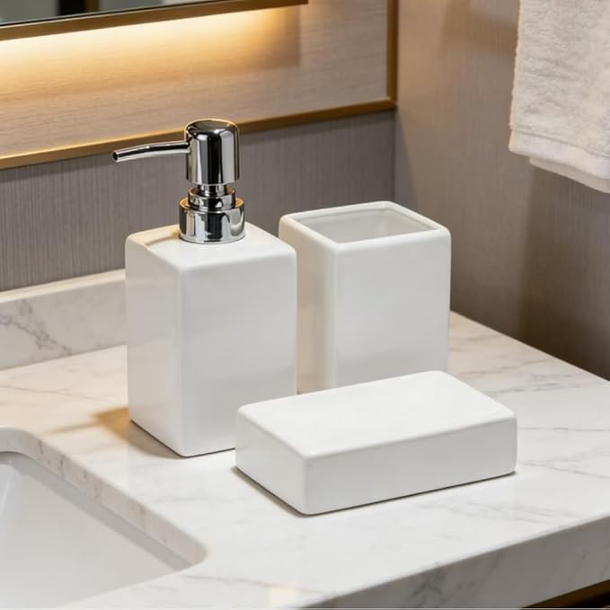 White Bathroom Accessory Set 3 Pcs,Ceramic Soap Dispenser and Toothbrush Holder Cup Soap Dish,Modern Countertop Bath Decor Set for Stylish Bathroom Organization