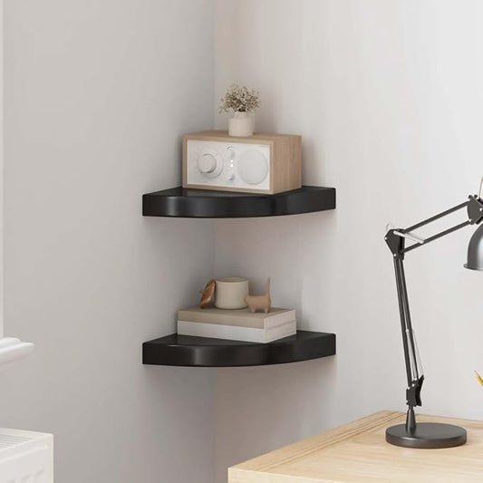 Corner Shelf Set of 2, Wall Mounted Floating Corner Shelves, High Gloss Black Honeycomb MDF Display Shelves for Bedroom, Living Room, and Office, 9.8 x 9.8 Inch