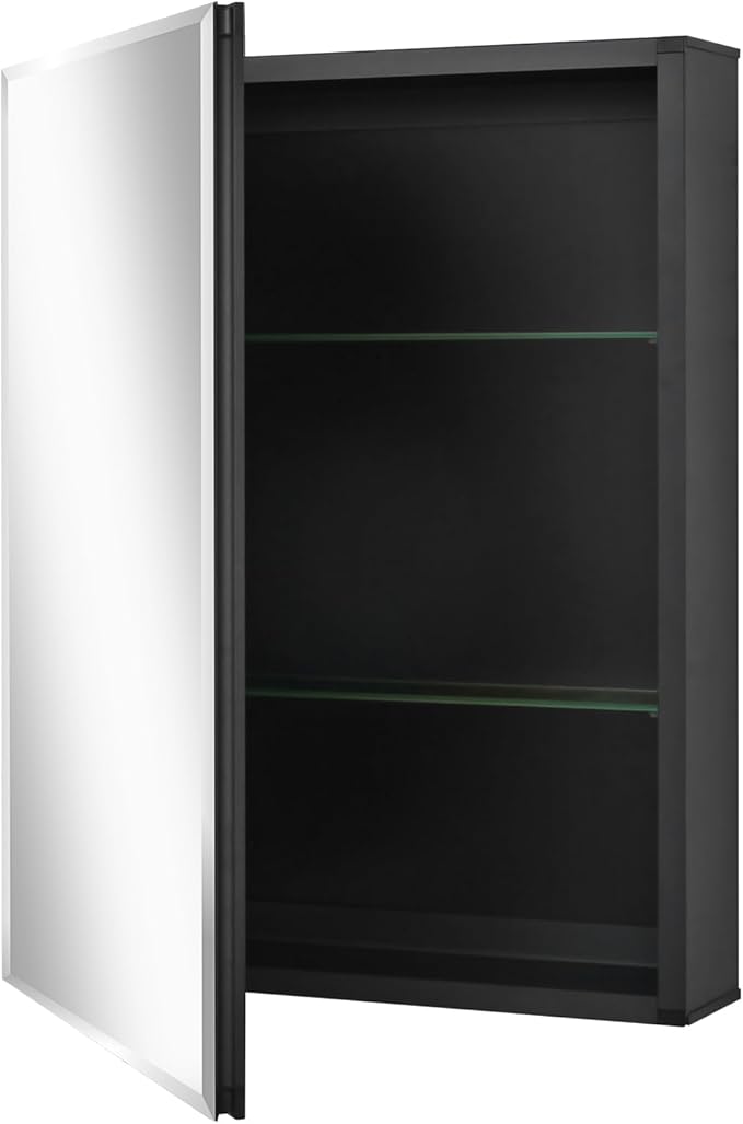 Fundin Medicine Cabinet 20 x 26 inches Mirror Size, Recessed or Surface Mount, Black Aluminum Bathroom Wall Cabinet with Mirror and Adjustable Shelves.