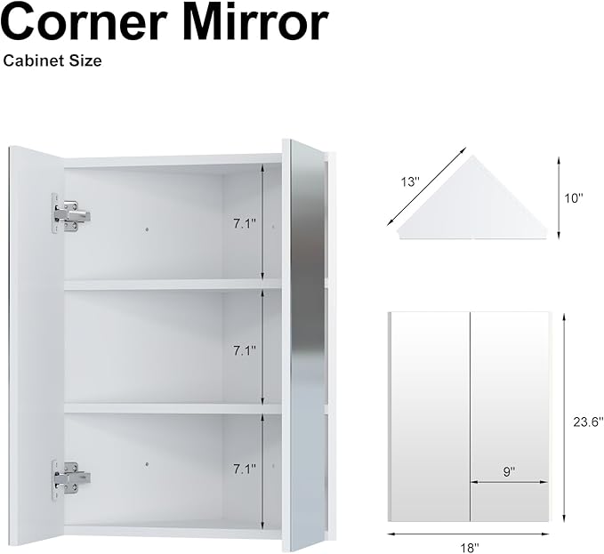 Corner Medicine Cabinet with Mirror,Bathroom Corner Mirror Cabinet with 2 Doors,Medicine Cabinet Wall Mounted for Small Space,2 Fixed Shelves,White,24" x18"