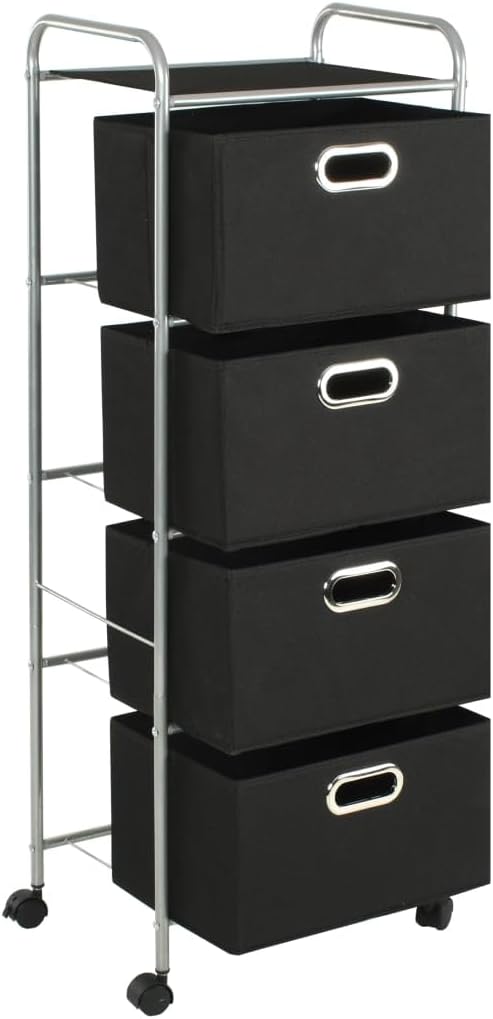 4 Fabric Shelves Storage Rack Unit in Black and Silver with Fabric Storage Boxes for Bedroom and Bathroom Organization
