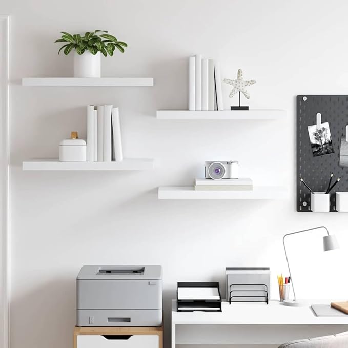 Set of 4 Floating Wall Shelves, 23.6 Inch Modern White MDF Display Ledges for Living Room, Bedroom, and Office, Wall Mounted Decorative Storage Organizer