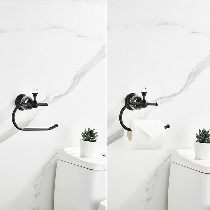WOLIBEER Crystal Bathroom Hardware, Black 24 Inch Towel Bar Set Toilet Paper Holder Towel Ring Coat Hooks Bathroom Accessories 4 Pieces Wall Mounted