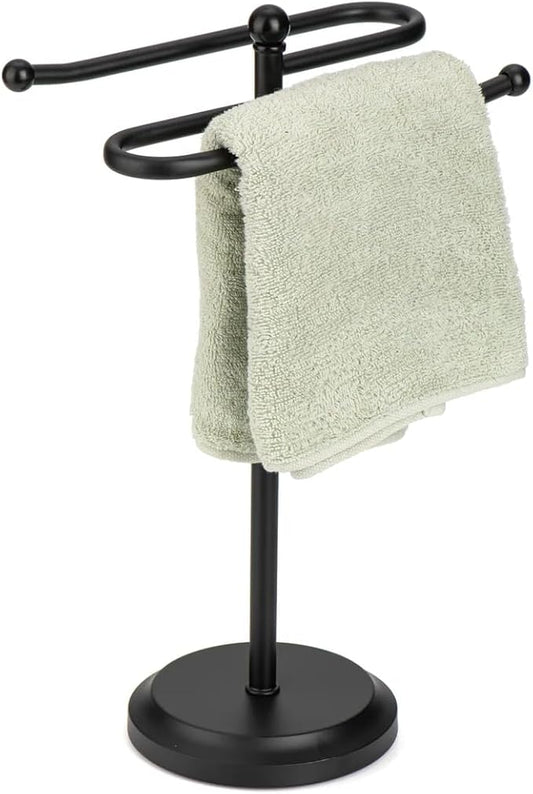 J&V TEXTILES Classical Steel Towel Rack Holder Stand with 2 Hanging Rings for Bathroom Vanity Countertops - Space Saving Hand Towel Holder (Matte Black)