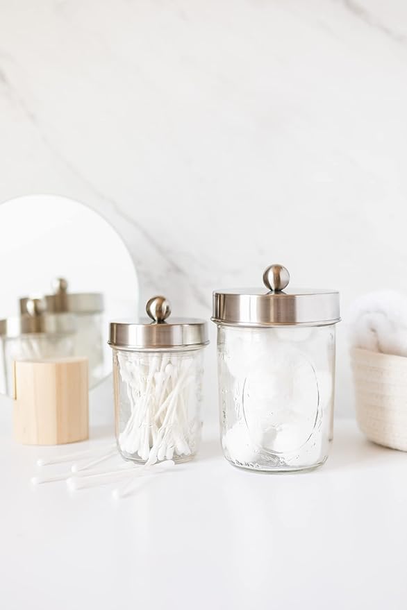 Jarmazing Products Ball Mason Jar Bathroom Gift Set (4 pcs) - Lotion/Soap Dispenser, Toothbrush Holder, Q-Tip Storage Jars - Farmhouse Home Decor for Vanity Organization - Stainless Steel