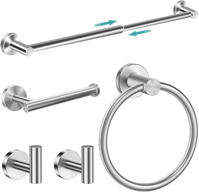 MGahyi 5 Pieces Bathroom Accessories Set, Stainless Bathroom Hardware Set, Extendable Towel Racks for Bathroom(12.8-24.8inch), Robe Towel Hooks Toilet Paper Holder Towel Ring (Silver)