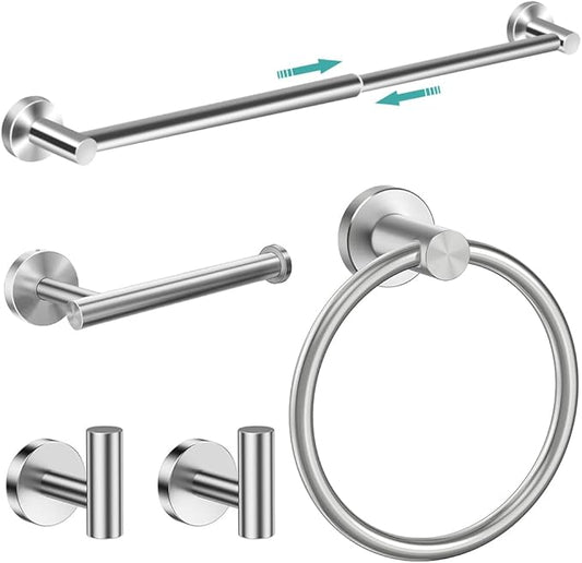 MGahyi 5 Pieces Bathroom Accessories Set, Stainless Bathroom Hardware Set, Extendable Towel Racks for Bathroom(12.8-24.8inch), Robe Towel Hooks Toilet Paper Holder Towel Ring (Silver)