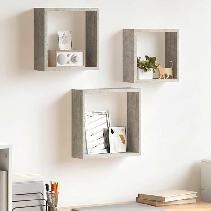 Set of 3 Wall Cube Shelves, Decorative Floating Display Shelf for Living Room, Bedroom or Office, Modern Concrete Gray MDF Storage Organizer