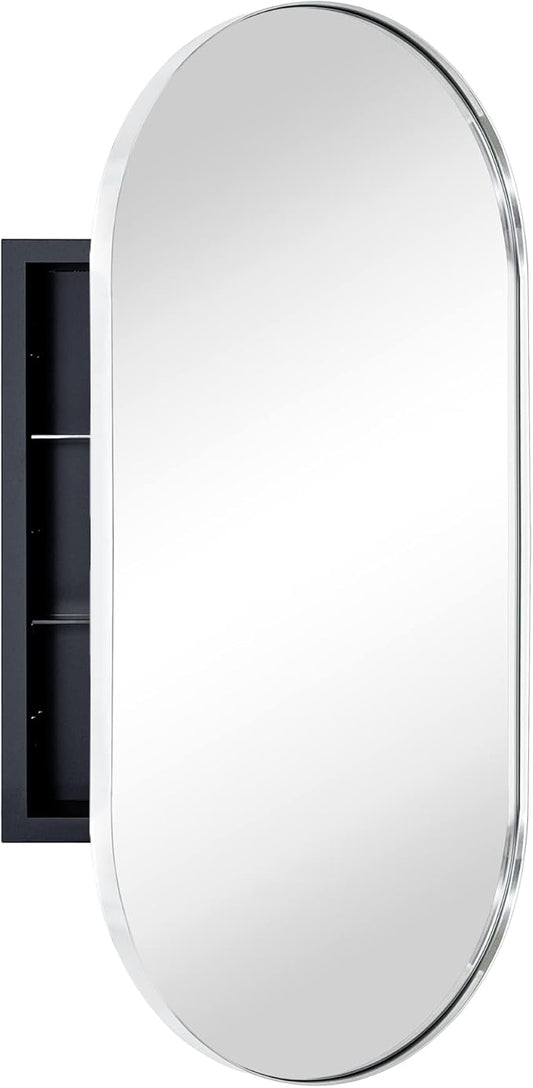 Chrome Oval Recessed Bathroom Medicine Cabinet with Mirror Stainless Steel Metal Framed Oblong Pill Shaped Bathroom Cabinet with Mirror 16x33''