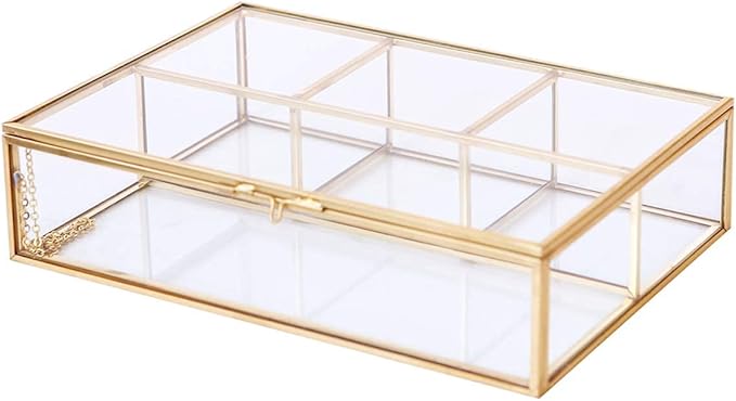 Vintage Glass & Brass Jewelry Box with 4 Compartments - Makeup Organizer, Cosmetic and Treasure Display Case, Elegant Storage Box for Vanity