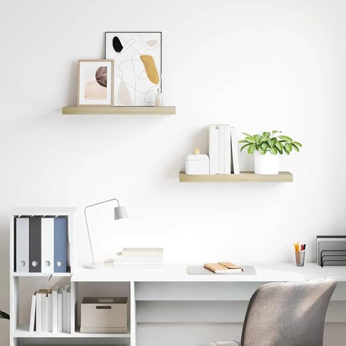 Set of 2 Floating Wall Shelves, Oak Finish Honeycomb MDF Modern Decorative Display Shelf for Living Room, Bedroom, and Office - Medium Size