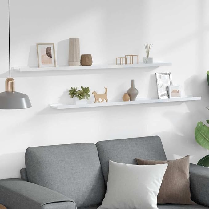 Wall Shelves Set of 2, High Gloss White Floating Shelves 45.3 Inches Long for Living Room & Bedroom, Modern Decorative Storage for Books, Plants, Decor, Easy Mount MDF Board with 11lb Capacity