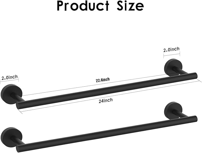 Newfun 24 Inch Matte Black Bathroom Towel Bar,2Pcs Towel Racks for Bathroom Rod Classic SUS304 Stainless Steel Bathroom Towel Holder Wall Mounted