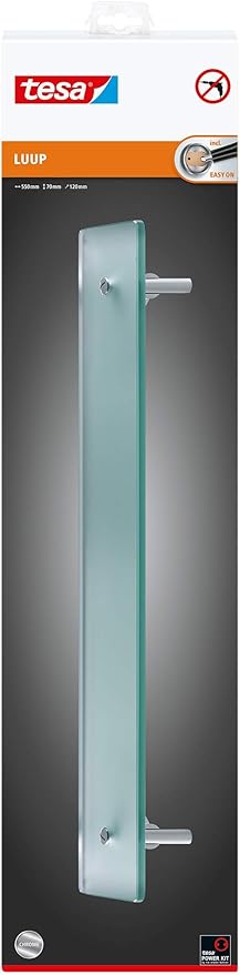 tesa LUUP Glass Bathroom Shelf - No Drill Shelf Made of Satined Glass and Chrome-Plated Metal - Stainless - Waterproof - Includes Removable Adhesive Solution