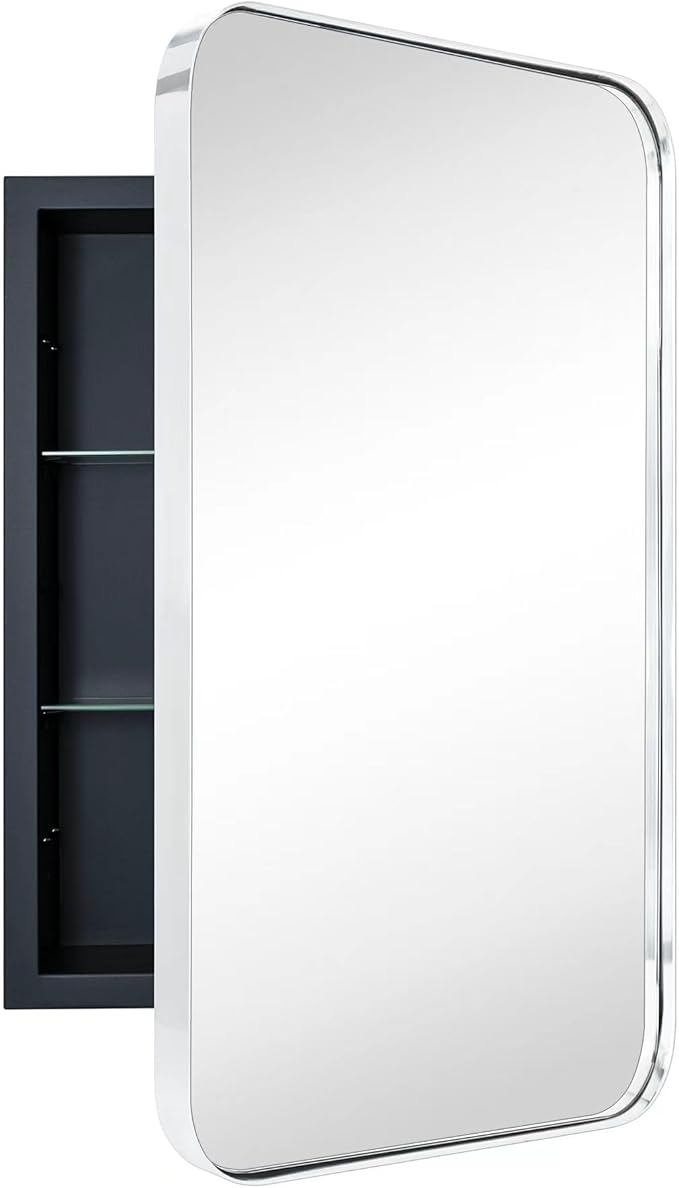 Chrome Rectangle Recessed Bathroom Medicine Cabinet with Mirror Stainless Steel Metal Framed Rounded Rectangular Bathroom Cabinet with Mirror 16x24''
