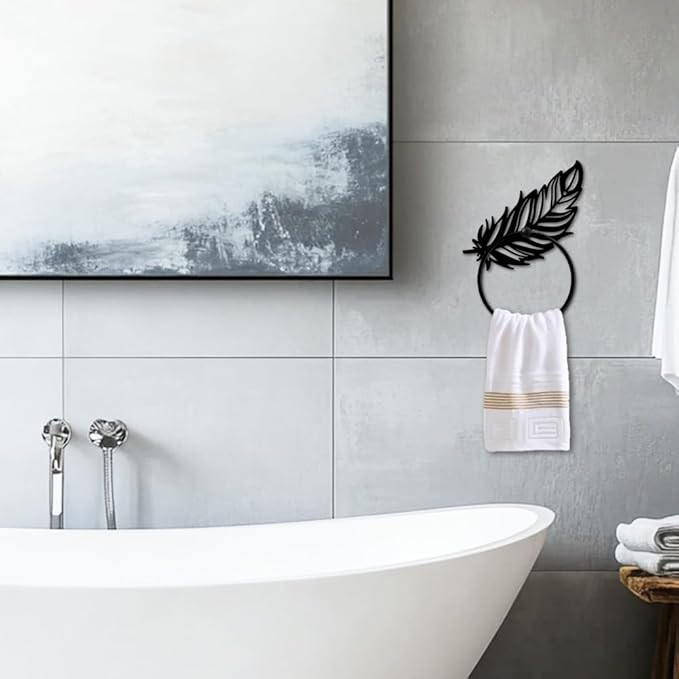 MAYJOYDIY Feather Metal Towel Ring Large Fantasy Feather Towel Holder for Wall Animal Feather Wall Decor Towel Hanger Black Art Towel Rack Wall Mounted for Bathroom Kitchen Home Decors Gift