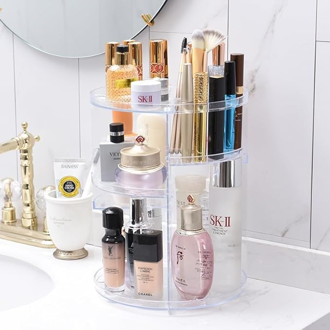 DOZZZ 360 Rotating Makeup Organizer with DIY Adjustable Layers, Spinning Skincare Perfume Cosmetic Organizer with Brush Holder, Round Carousel Storage Display Case for Bathroom Countertop Vanity Clear
