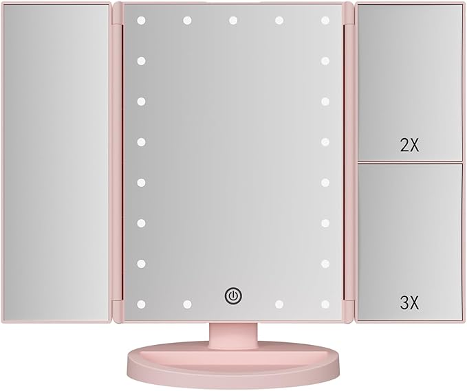Infitrans Trifold Makeup Mirror Vanity Mirror with Lights,1X 2X 3X Magnification,Touch Control,Adjustable Rotation,Dual Power Supply,Portable Travel Cosmetic Mirror,Birthday Gifts for Women,Teengirls