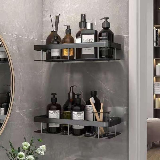 Fadflurry® Self-Adhesive Multipurpose Wall Mounted Bathroom Shelf and Rack for Bathroom and Kitchen, Space Saving Bathroom Organizer Shelf, Punch Free Wall Shelves, Wall Stand (Black Pack of 1)