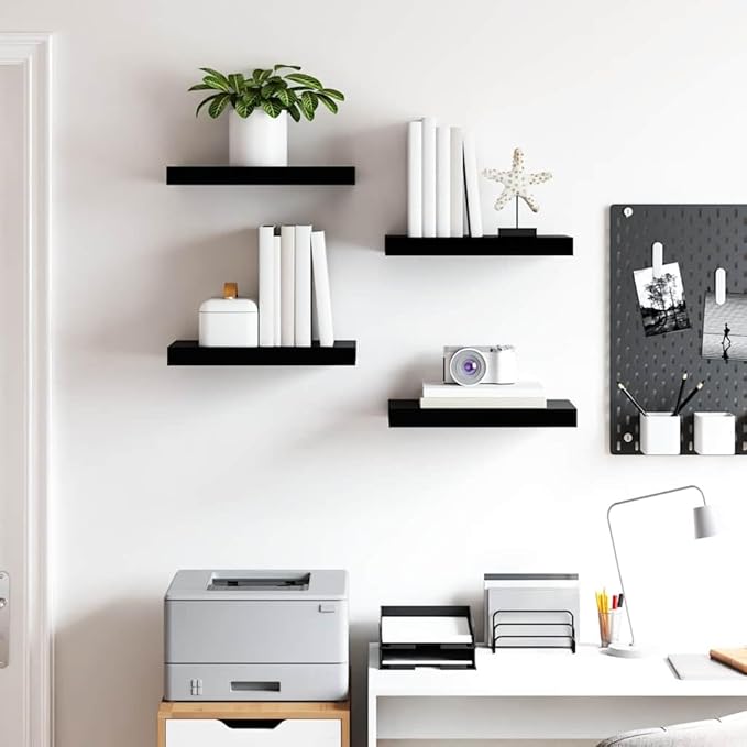 Floating Wall Shelves Set of 4, Modern High Gloss Black Display Shelves for Bedroom, Living Room, Home Office Decor, Stylish Rectangular Wall Mounted Storage Shelves
