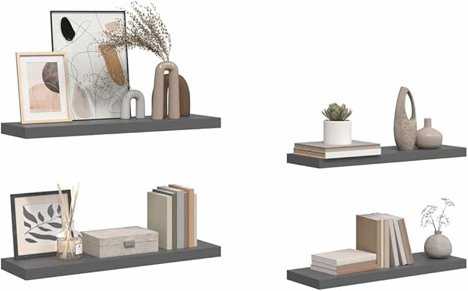 Floating Wall Shelves Set of 4, Modern High Gloss Gray Display Shelves 31.5x9.3 Inches, Invisible Mounting for Living Room Bedroom, Sturdy MDF Board for Books Decor Awards Photos