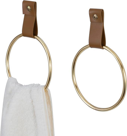 MyGift 2 Pcs Towel Ring Holder, Hand Towel Rack Wall Mounted for Bathroom, Entryway, Kitchen, Bedroom, Modern Brass Tone Metal with Caramel Brown Leatherette Strap