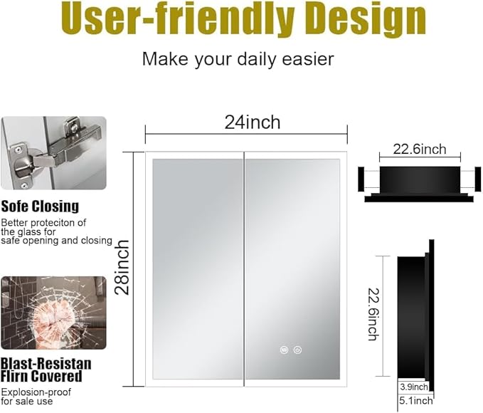 LED Medicine Cabinet with Light,Recessed Mirror Cabinet for Bathroom,3 Color Temperature,Dimmable,Demister,Detachable Side Plate for Recess Mount or Surface Mount,24inch×28inch