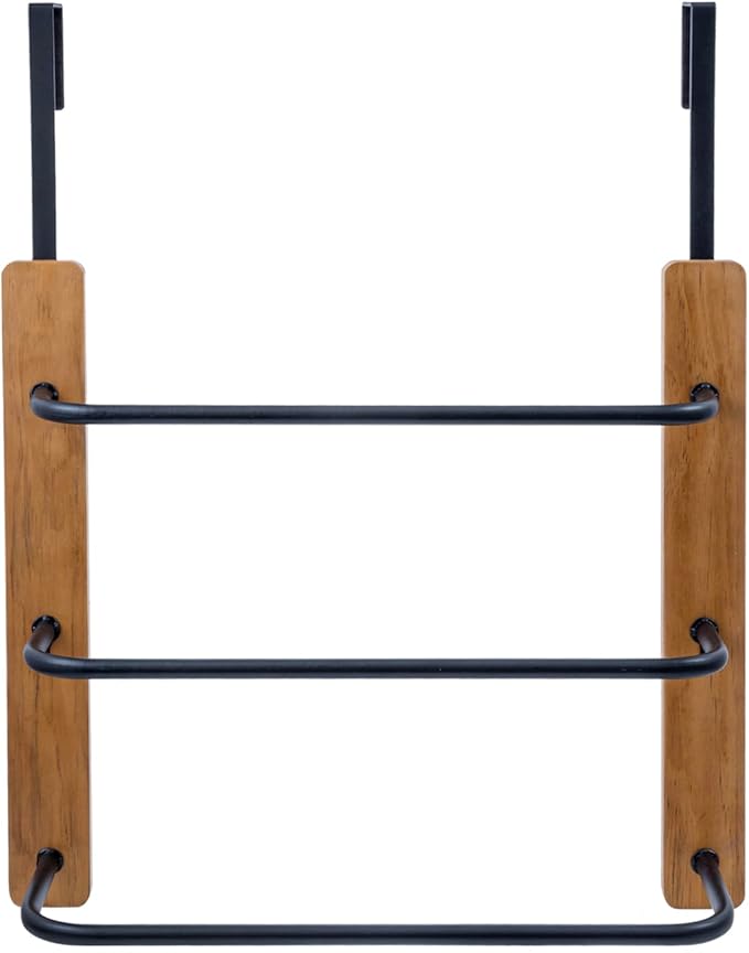 MyGift Over The Door Towel Rack for Bathroom, Rustic Solid Burnt Wood Towel Storage Organizer, 3 Tier Matte Black Metal Towel Bar, Space Saving Bathroom Door Hanging Towel Holder