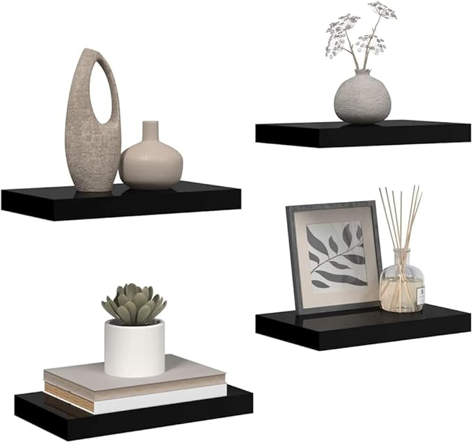 Floating Wall Shelves Set of 4, Modern High Gloss Black Display Shelves with Invisible Mounting, 15.7x9.1 Inches, for Living Room, Bathroom, Office Decor, Books, Plants, and Collectibles