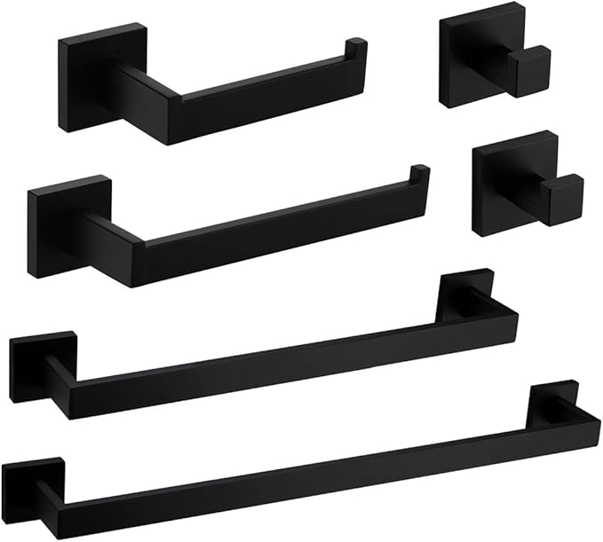 VELIMAX Premium Stainless Steel 6 Pieces Bathroom Hardware Set Wall Mounted Bathroom Accessories Kit Modern Towel Bar Set - 20 Inches and 23.6 Inches, Matte Black