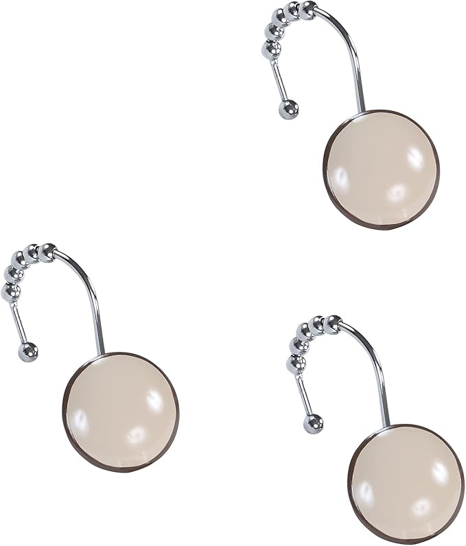 Lucca Taupe Decorative Brown Shower Curtain Hooks,5 Roller Ring Balls Khaki Round Designed Hooks for Bathroom Curtains,Set of 12