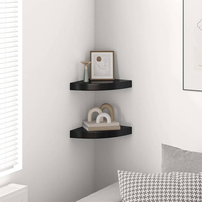 Corner Shelf Set of 2, Floating Wall Mount Shelves for Bedroom, Living Room, and Office, 9.8 x 9.8 Inch Decorative Display Shelving, High Gloss Black MDF