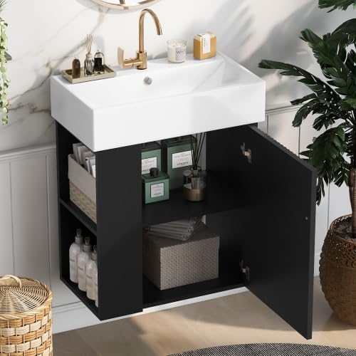Virubi 21.6 in Floating Bathroom Vanity with Sink,Soft Closing Doors,Solid Wood Frame & MDF Modern Single Small Black Bathroom Vanity Cabinet with Open Shelf,Wall Mounted