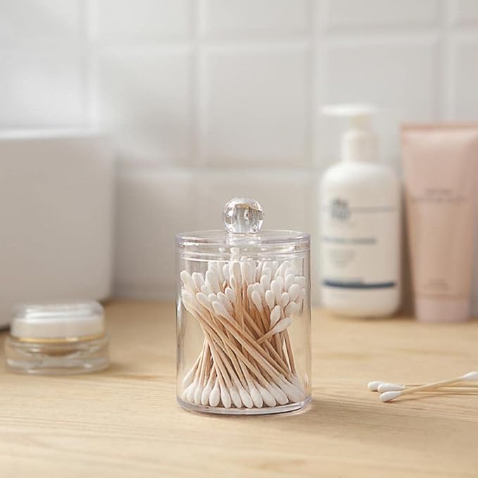 Sizikato Clear Acrylic Q-Tip Holder for Bathroom, Round Cotton Swab Dispenser with Lid