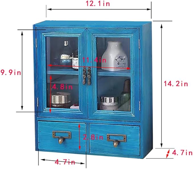 Rustic Vintage Mini Wood Counter Top Cabinet,Display Case with Organic Glass Door,Wall Storage Cabinet, that Sits on Countertop-Floating Shelf Organization12 x4.7"x14"(Blue)