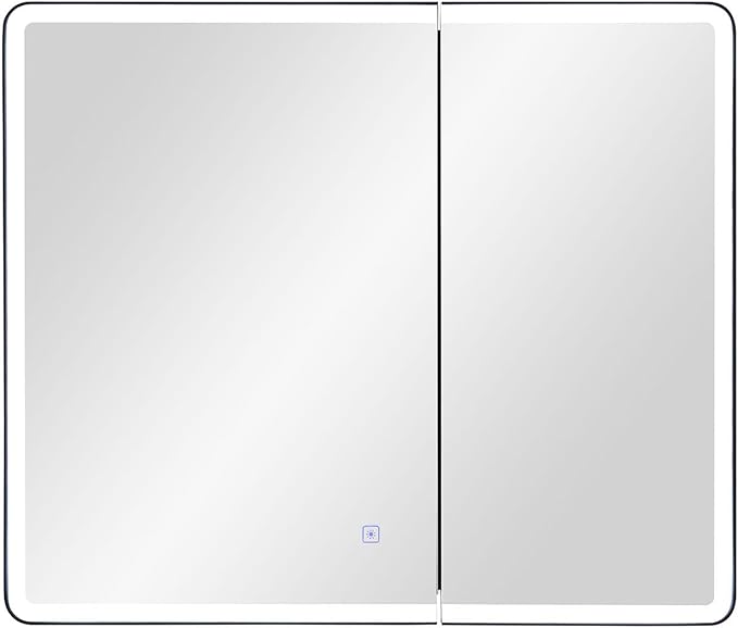 IDYLLOR Lighted Bathroom Medicine Cabinet with Round Corner Framed Mirror Door 30 x 25.6 inch, Recessed or Surface Mount, with Adjustable Glass Shelves