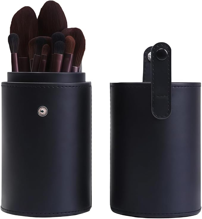 QUUPY Black PU Leather Makeup Brush Holder Organizer with Lid Portable Makeup Tools Large Capacity Case Organizer Cylinder Storage Box Bag(without brush)